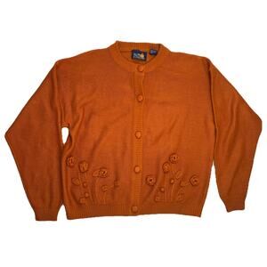 Patsy's Place Button Up Orange Floral Cardigan Knit Sweater Women’s Size Large